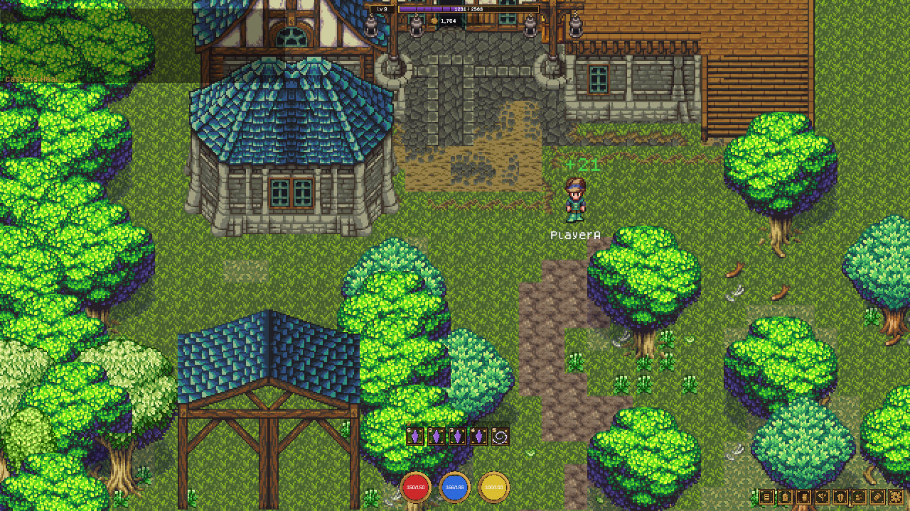 The player character in town, with health, mana and stamina bars and the action bar