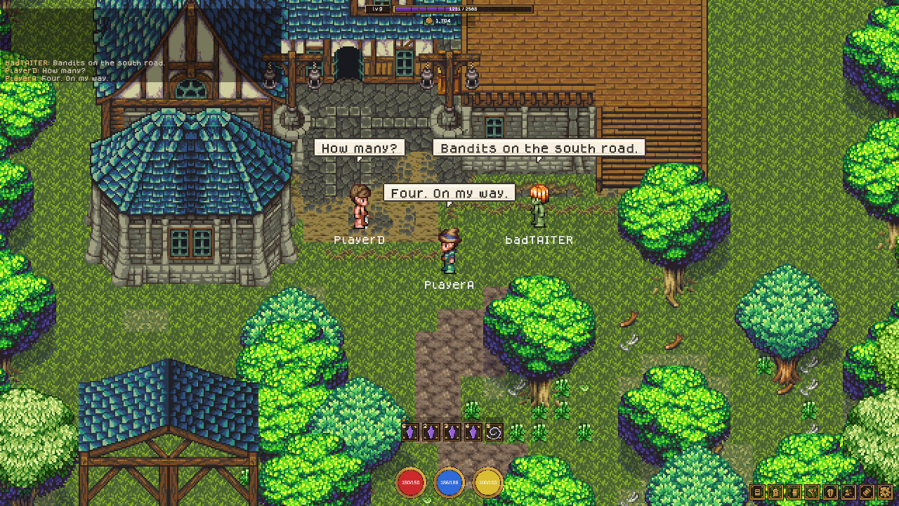 Three named players talking over chat at the town gate