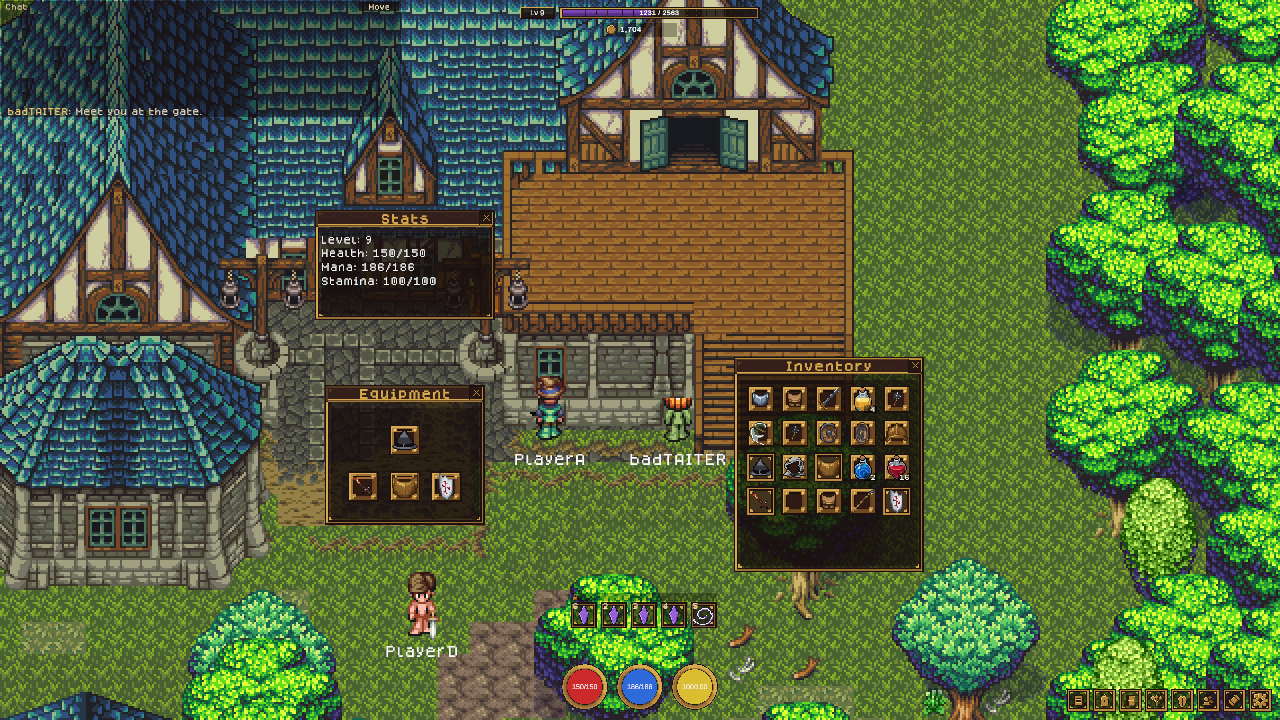 The character's stats, equipment and inventory windows open at once